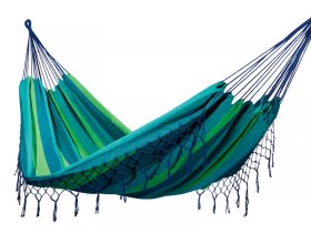 Green striped hammock with fringe, single